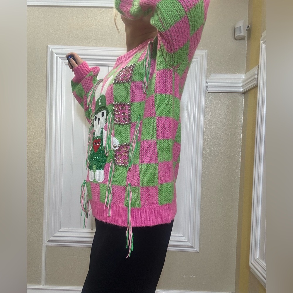 NWOT Pink and Green Checkered Sweater with Bunny Design - Picture 10 of 12